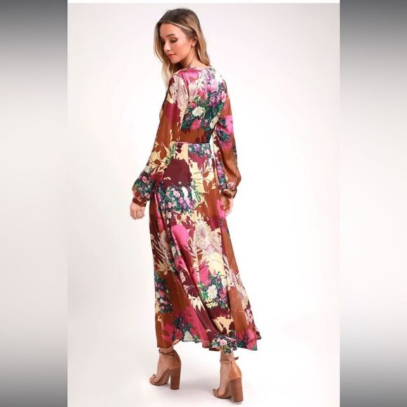 Lulu’s Put on a Smile Burgundy Floral Print Satin Wrap Maxi Dress, size S. - Picture 7 of 10